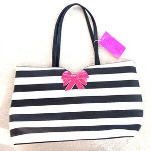 Betsey Johnson -- Black and White Striped Tote with Pink Enamel Bow - NWT